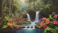 A lush, tropical Hawaiian rainforest, with a vibrant array of native plants