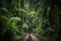 lush tropical jungle road trip with towering trees and exotic flora