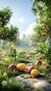 Mangoes scattered on the orchard path in morning tropical light. Generated Ai Royalty Free Stock Photo