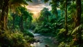 Lush tropical rainforest adorned with abundant foliage an a river. Generative AI