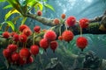 Lush Tropical Rainforest Scenery with Exotic Rambutan Fruits Hanging from a Tree Branch Amidst Vivid Greenery Royalty Free Stock Photo