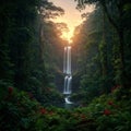 Lush Tropical Waterfall at Sunset Royalty Free Stock Photo
