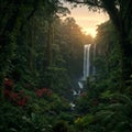 Lush Tropical Waterfall Sunset Royalty Free Stock Photo