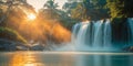 Lush Tropical Waterfall Sunset Landscape. Royalty Free Stock Photo