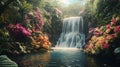 Lush Tropical Waterfall with Vibrant Flowers Royalty Free Stock Photo