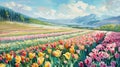 A lush tulip field sprawls over hills, rendered in soothing pastels for a tranquil watercolor landscape.AI Generate