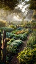 Atmospheric Vegetable Patch in a Forest Clearing with Warm Sunlight and Rich Greenery Royalty Free Stock Photo