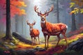 An illustration of vibrant white tailed deer in colorful forest