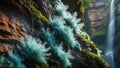 Enchanted Blue Fungi on Mossy Rock Near Waterfall Royalty Free Stock Photo