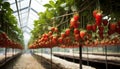 Lush and vibrant organic strawberry plant flourishing in a controlled environment greenhouse