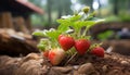 Lush and vibrant organic strawberry plant flourishing in a serene greenhouse environment