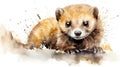 Lush Watercolor Mongoose: Fur, Sleek Eyes, Alert on White Background AI Generated