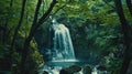 Misty Forest Waterfall Lush Greenery, Cascading Water, Serene Natural Landscape Royalty Free Stock Photo