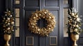 A lush wreath adorned with gilded foliage, intricate details, and elegant ornaments, infusing the Christmas design with a sense of