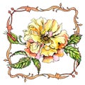 Lush yellow English rose in a frame in the art nouveau style