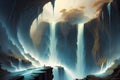 lushill style flat planet in space waterfalls falling off edge of planet hazy abstract landscape gen ai