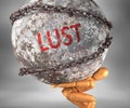 Lust and hardship in life - pictured by word Lust as a heavy weight on shoulders to symbolize Lust as a burden, 3d illustration