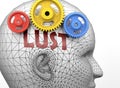 Lust and human mind - pictured as word Lust inside a head to symbolize relation between Lust and the human psyche, 3d illustration