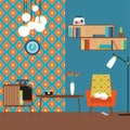 Lustration of a flat design. Room in the style of 70s.