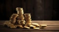 Lustrous Gold Coin Stacks on Wooden Surface Illuminated by Warm Light - Wealth, Savings, and Investment Concept.