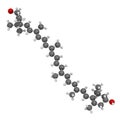 Lutein carotenoid molecule. 3D rendering. Nutrient present in green leafy vegetables such as spinach and kale. Atoms are