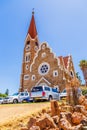 Luteran Christ Church and road with cars in front, Windhoek, Namibia Royalty Free Stock Photo