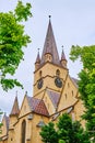 Lutheran Cathedral of Saint Mary Catedrala Evanghelica C.A. Sfanta Maria in Sibiu, Romania, vertical view towards the tower. Royalty Free Stock Photo