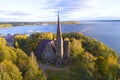 Lutheran church of Mary Magdalene, golden autumn shooting from a quadcopter. Primorsk, Russia