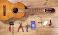 Luthier table top view with classical guitar and tools. Craftsman wooden desk flatlay view with spanish flamenco guitar