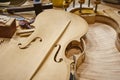 Luthier workshop with violin parts and tools. Traditional craftmanship