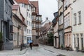 The Lutter street in old town with half timbered facades and rain, Eisenach, Germany