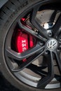 Red brake of volkswagen Golf GTI car parked in the street Royalty Free Stock Photo