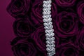 Luxury diamond jewelry bracelet and purple roses flowers, love gift on Valentines Day and jewellery brand holiday background