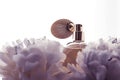 Luxe fragrance bottle as vintage perfume product on violet background and peony flowers, parfum ad and beauty branding