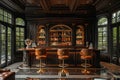 Luxe home bar with dark wood paneling and leather bar stools