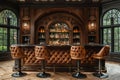 Luxe home bar with dark wood paneling and leather bar stools