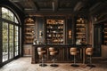 Luxe home bar with dark wood paneling and leather bar stools