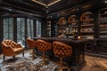 Luxe home bar with dark wood paneling and leather bar stools