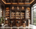 Luxe home bar with dark wood paneling and leather bar stools3D render