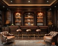 Luxe home bar with dark wood paneling and leather bar stools3D render