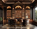 Luxe home bar with dark wood paneling and leather bar stools3D render