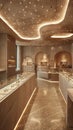 Luxe minimalist jewelry store with glass displays soft lighting