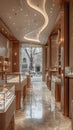 Luxe minimalist jewelry store with glass displays soft lighting