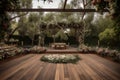 luxe outdoor wedding, with wooden dance floor surrounded by lush greenery and blooming flowers