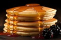Luxe Pancake Duo: Maple Syrup, Fresh Blackberries on Dark Background
