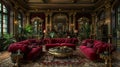 Luxe Parisian salon with velvet settees and gilded mirrors