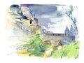Luxembourg city Old Town watercolor painting. Royalty Free Stock Photo