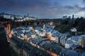 Luxembourg city skyline at night - Aerial view of The Grund with St Michaels Church on background - Luxembourg City, Luxembourg Royalty Free Stock Photo