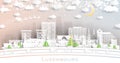Luxembourg city. Winter city skyline in paper cut style with snowflakes, moon and neon garland. Christmas and new year concept. Royalty Free Stock Photo