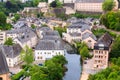Luxembourg cityscape, church on river, panorama